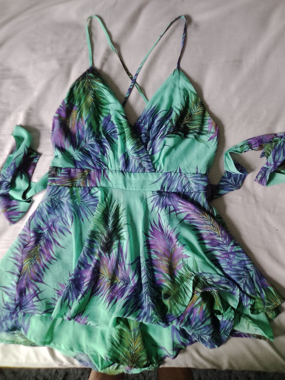 Mint Green Leaf Print Romper with Purple Accents